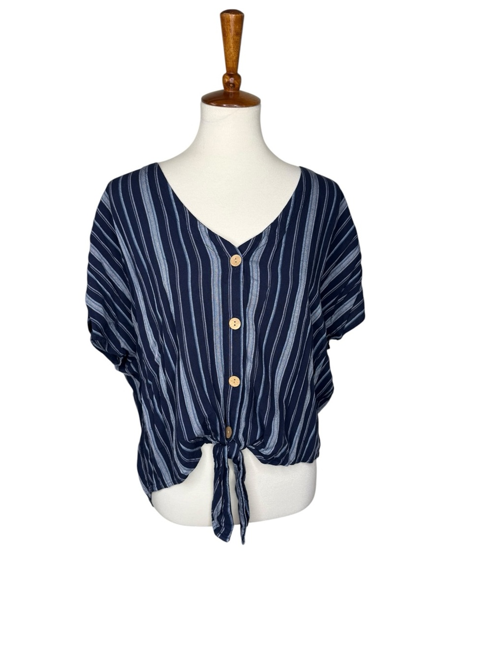 Universal Thread XXL Navy Blue Stripe Tie Front Button Top Rayon Blouse